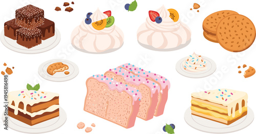 Sweet dessert bakery set with cakes cookies pastries cream sweets and fruit toppings delicious food vector illustration