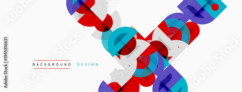 Abstract geometric shapes overlap, creating dynamic visual texture. Red, blue, teal colors dominate white background. Minimalist design.