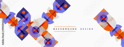 Abstract geometric pattern. Overlapping squares, rectangles create dynamic visual flow. Orange, blue, purple hues dominate design.