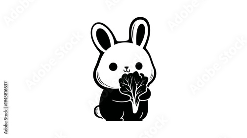 Adorable black and white kawaii bunny illustration eating fresh green lettuce. Cute cartoon rabbit enjoying a healthy vegan snack.