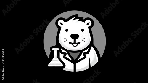 Cute cartoon animal scientist in a lab coat holding a flask, perfect for scientific research, experiment, and discovery themes.