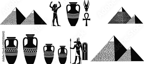 Egyptian pyramid silhouette illustration, ankh symbol artwork, amphora design graphic, deity head icon, sarcophagus artwork drawing, cultural heritage monument, black white