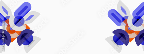 Abstract floral design. Blue, orange shapes overlap white background. Minimalist, modern aesthetic. Clean lines create visual interest.