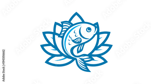 Stylized blue fish in a lotus flower icon. Elegant aquatic animal and floral symbol for wellness, nature, and beauty concepts.