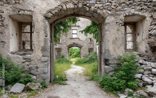 Ancient Castle Ruins with Broken Archways and Gate
