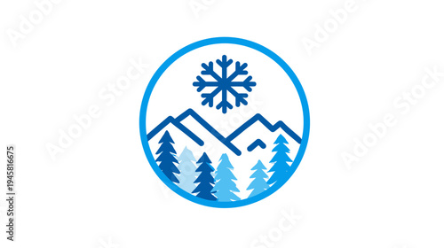 Stylized winter mountain landscape icon with blue pine trees, snow, and a snowflake in a circular frame