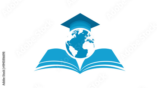 Global education and academic achievement icon. Open book, globe, and graduation cap vector illustration for international learning and knowledge concept.