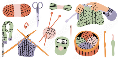 Knitting Tools and Yarn Set. Flat vector knitting and crochet tools collection with yarn balls, needles, scissors and handmade craft elements. Cozy hobby illustration isolated on light background.