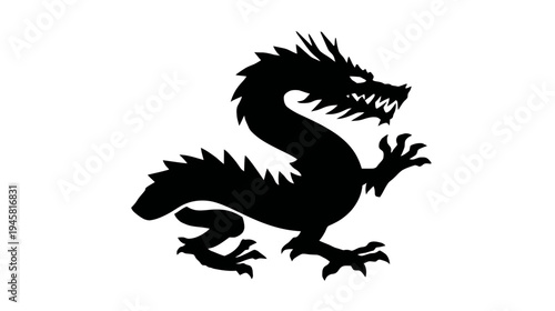 Powerful black dragon silhouette illustration, mythical fantasy creature icon, oriental style graphic element symbol