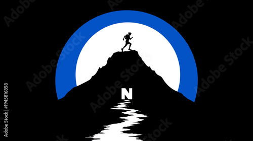 Silhouette of a determined runner conquering a mountain peak under a vibrant blue and white sky, symbolizing achievement, challenge, and journey.