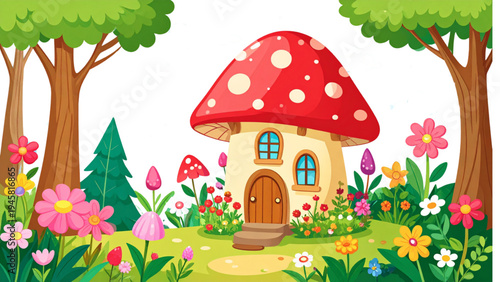 Fairy tale mushroom house illustration with red spotted toadstool roof, whimsical fantasy cottage surrounded by grass and flowers vector design