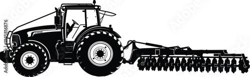 Agricultural tractor with disc harrow silhouette, modern farm machinery for soil cultivation and field preparation, farming equipment vector illustration isolated