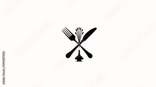 Elegant dining cutlery icon featuring crossed fork and knife with ornate decorative elements on a clean white background. Classic silverware design for restaurants.