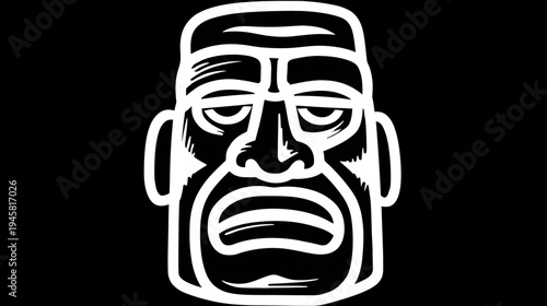 Monochrome vector illustration of a stylized tribal head. Ancient ethnic mask graphic design element on a black background.