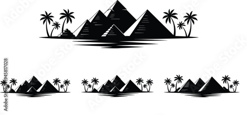 Egyptian pyramid silhouette illustration, palm tree artwork design, ancient architecture graphic, desert landmark symbol, cultural heritage drawing, historical monument art, black white