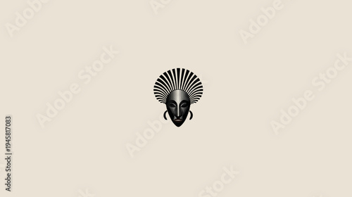 Stylized ethnic mask graphic with radiate headdress and elegant earrings. Abstract cultural face illustration on a minimalist background.
