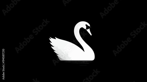 Elegant White Swan Minimalist Graphic Illustration on a High Contrast Black Background, Graceful Bird Design