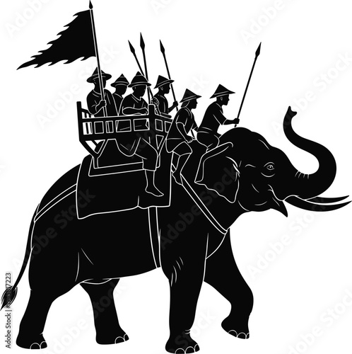 Ancient war elephant with soldiers and spears silhouette, historical battlefield army riding elephant with flag, traditional Asian warfare illustration isolated on white