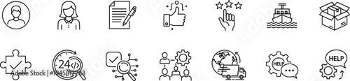 Business customer service logistics icons, communication support teamwork, shipping delivery global transport documentation analysis management process satisfaction trust