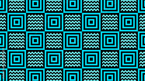 Geometric abstract pattern of cyan and black squares with dynamic zig-zag and concentric line designs, creating a modern visual background