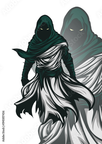 Hooded figure in green and white robes stands with glowing eyes