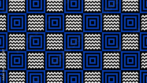 Abstract seamless geometric pattern featuring alternating blue and black squares with white zigzag line motifs, creating a modern and repetitive decorative background texture
