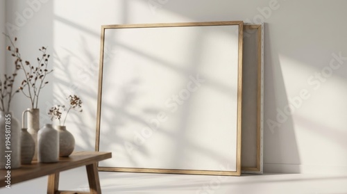 Minimalist Interior Scene With Blank Wooden Frames and Vases Casting Soft Shadows in Natural Light