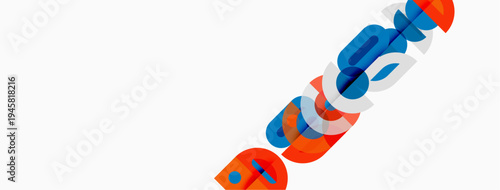 Abstract graphic design features overlapping colorful shapes. Bold lines create dynamic composition, modern aesthetic. White background provides contrast.