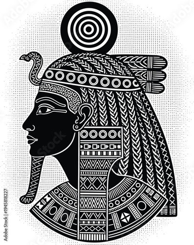 Egyptian queen silhouette illustration, goddess artwork design, cobra headdress graphic, sun disk symbol, cultural heritage drawing, ancient attire artwork, black white