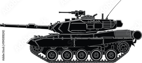 Black and white silhouette illustration of modern military tank with long barrel cannon, turret equipment, continuous track system, armored panels, antennas, and mounted machine gun