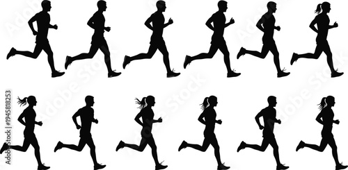 Running men and women silhouettes set, jogging athlete motion sequence, fitness training concept, marathon runner action poses, healthy lifestyle sport illustration