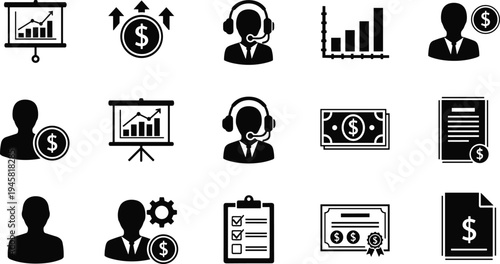 Business finance icons set, customer service symbols, financial management graphics, presentation charts, dollar signs, documents, checklist, certificate, operations tool