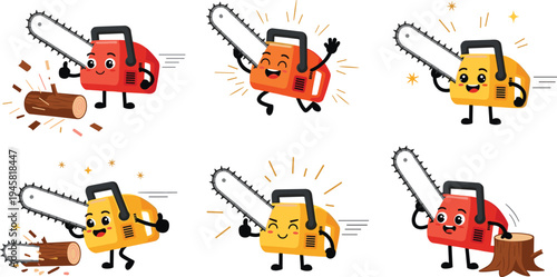 Cute chainsaw mascot characters cutting wood logging tool cartoon set with funny construction equipment vector illustration
