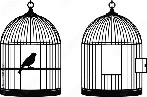Bird cage icons with bird silhouette and empty cage, decorative vintage birdcage illustration for pet care, animal housing and freedom concept vector