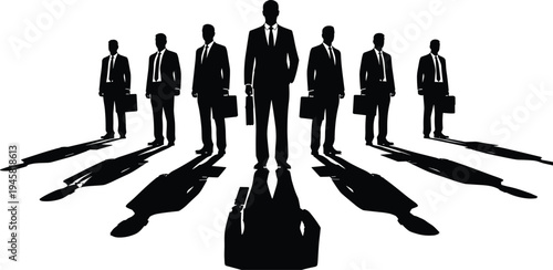Business executives team silhouettes with briefcases standing together casting long shadows, corporate leadership and professional workforce concept isolated on white background