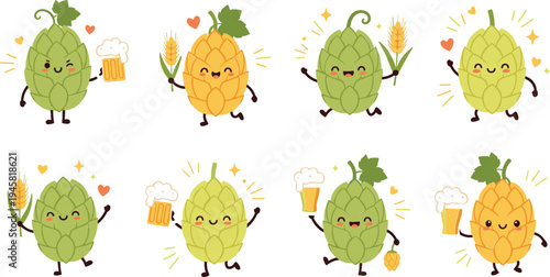 Cute cartoon hops characters holding beer mugs and wheat, funny brewery mascot set for craft beer, brewing, pub, and Oktoberfest design