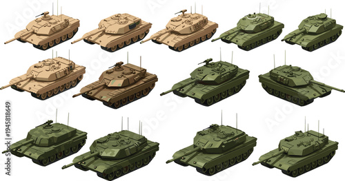 Collection of twelve illustrated military tanks in tan and green colors, arranged in rows, showcasing turrets, antennas, mounted guns, armored panels, and combat vehicle designs