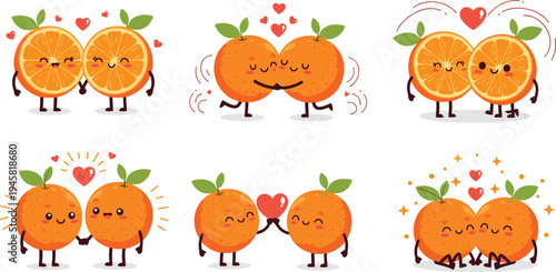 Cute orange fruit couple characters in love with hugging kissing hearts romantic citrus cartoon mascot vector illustration set