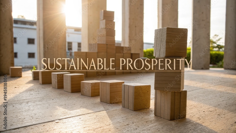 Fototapeta premium Wooden Blocks Forming Structures Symbolizing Sustainable Prosperity