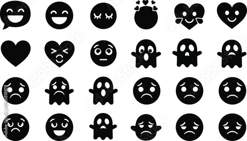 Emoticon and Ghost Silhouette Icon Set, Vector Smileys, Sad Faces, Heart Shapes, and Spooky Halloween Characters for Social Media, Apps, and Communication,