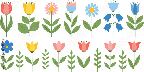 Set of Minimalist Flat Floral Icons Featuring Colorful Tulips Bluebells Daisies and Green Leaves Collection Isolated on White Background