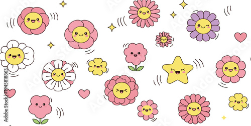 Cute kawaii flower characters set with smiling faces, star and hearts, adorable spring floral cartoon collection for kids design, stickers and decorations