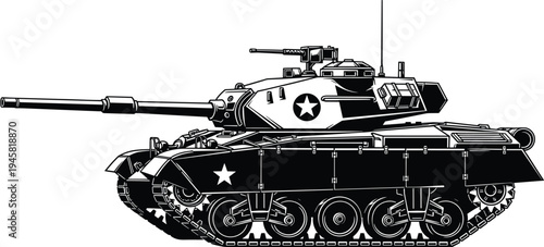 Black and white illustration of U.S. military tank with star insignia, long barrel gun, rotating turret, mounted machine gun, heavy armor plating, and continuous track system