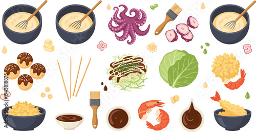 Japanese okonomiyaki ingredients set with cabbage batter shrimp octopus sauces chopsticks and traditional street food vector illustration