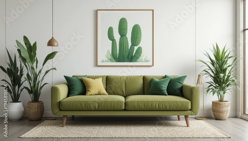 Stylish Green Sofa Surrounded by Indoor Plants with Cactus Artwork in a Modern Living Room