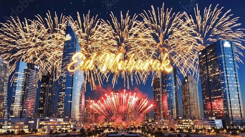 Fireworks display on a city skyline at night with Eid Mubarak sign