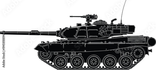 Detailed black and white silhouette illustration of modern military tank with long barrel gun, turret equipment, machine gun, tracked wheel system, armor plating, and communication antenna