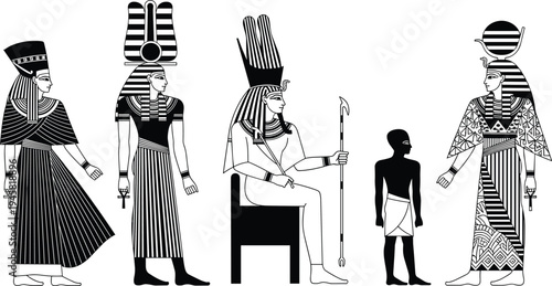 Egyptian throne scene illustration, pharaoh artwork design, ancient nobility graphic, cultural heritage symbol, ceremonial attire drawing, historical monument artwork, black white
