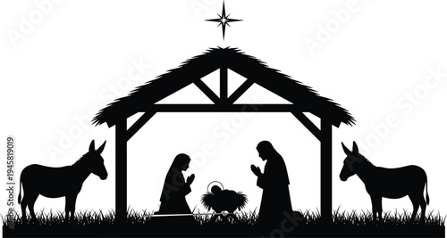 Christmas Nativity Scene Silhouette with Mary, Joseph and Baby Jesus in Manger Under Bethlehem Star with Donkeys in Stable
