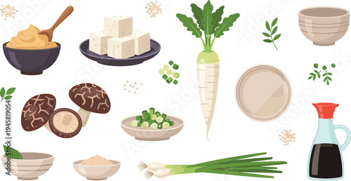 Japanese cooking ingredients set with tofu miso mushrooms daikon soy sauce scallions and traditional Asian food vector illustration